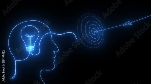 Glowing blue neon head silhouette with lightbulb idea hitting a target on a dark background