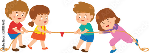 Cartoon Children Playing Tug of War