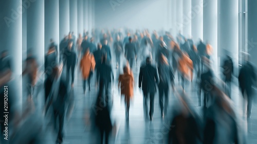 Blurred silhouettes of diverse business people walking through a bright modern hallway with tall white pillars in blue lighting