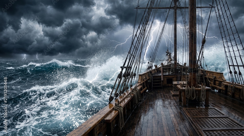 Obraz premium Massive waves crash against the hull under dark, thunderous clouds lit by lightning strikes. Ocean spray glitters in the dim light