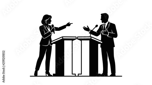 Принти на полотні Silhouette illustration of a man and woman having a formal political debate at podiums
