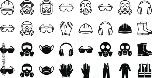 Fotografie Personal protective equipment ppe line and silhouette icon set featuring safety