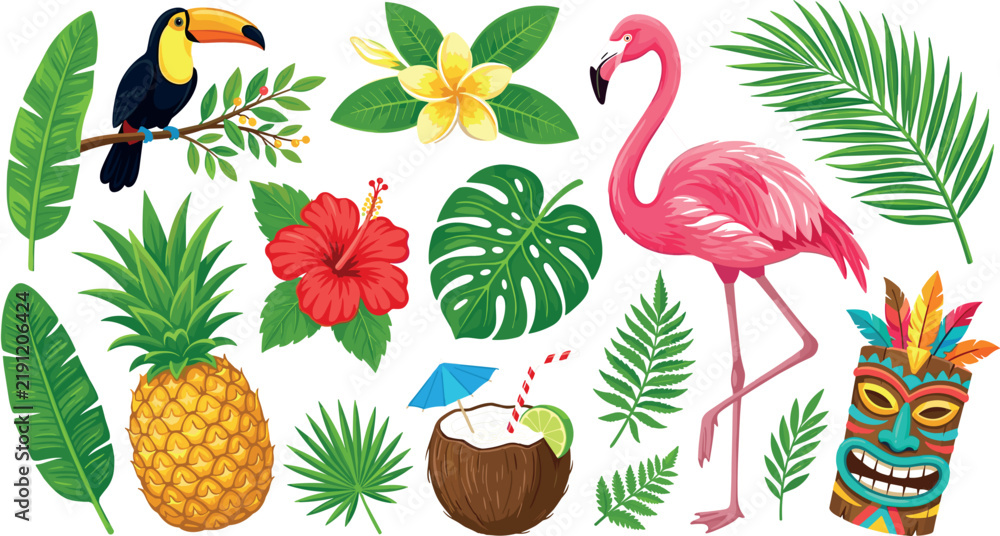 Obraz premium Tropical Summer Element Vector Set with Flamingo, Toucan, Pineapple, Tiki Mask, Coconut Cocktail, Hibiscus Flower, and Exotic Palm Leaves for Hawaiian Party Designs