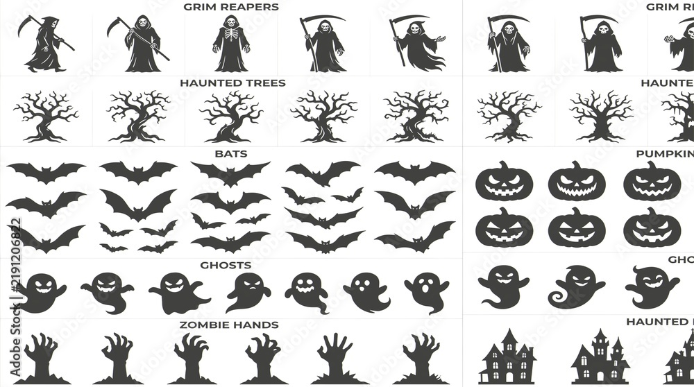 Fototapeta premium Black-and-white graphic collection features Halloween icons including skeletons, bats, jack-o'-lanterns,.