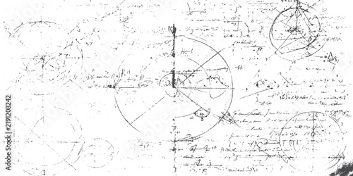 Abstract Mathematical Scribbles with Equations, Geometry Diagrams and White Paper Background