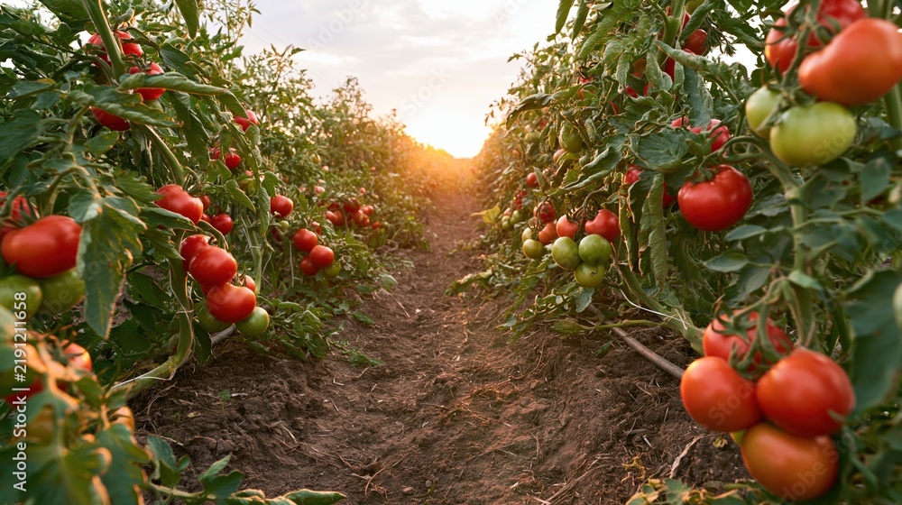 Obraz premium The Tomato Field in Sunset Light with Rows of Red and Green Fruits