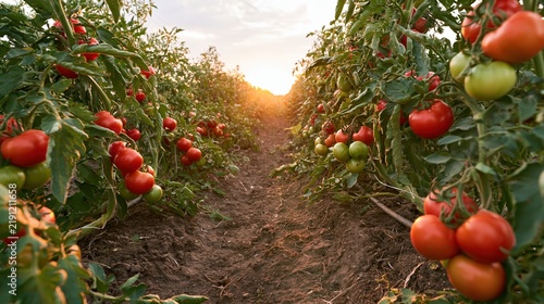 The Tomato Field in Sunset Light with Rows of Red and Green Fruits