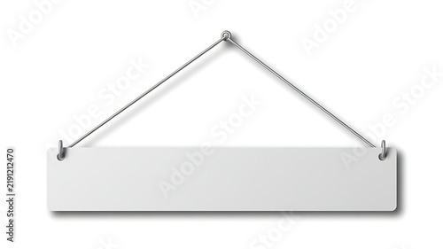 Blank white rectangular sign hanging by wires on white background