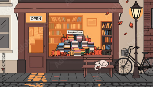 Cozy Independent Bookstore on Autumn Street with Sleeping Cat, Flat Vector Nostalgic Literary Refuge Illustration