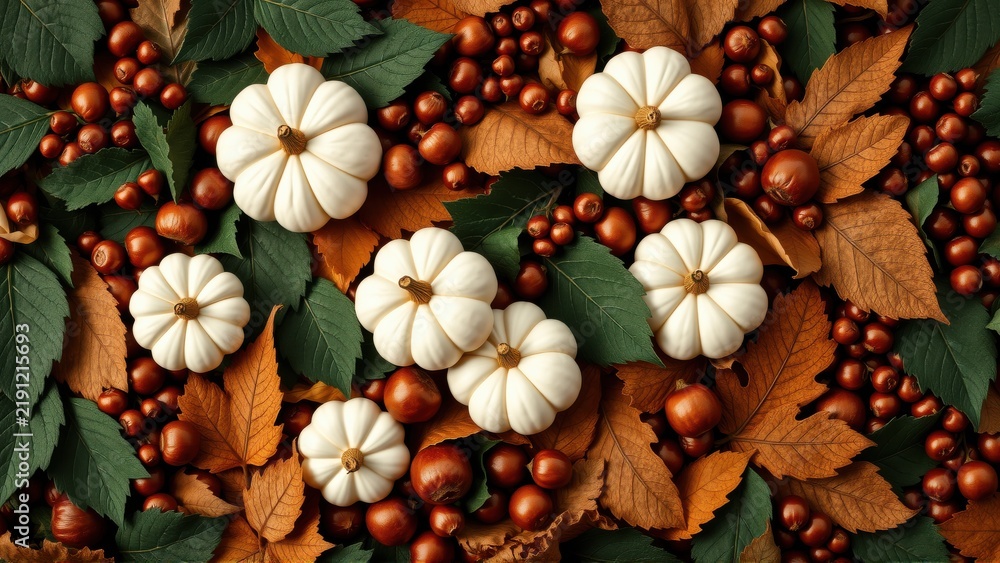 Fototapeta premium Autumn composition. White pumpkins, berries, leaves create seasonal still life. Warm tones dominate dark background. Festive, natural elements.