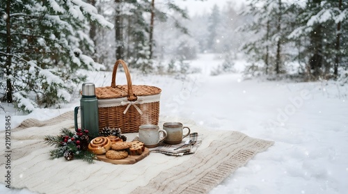 Cozy Winter Picnic with Hot Tea and Snowy Landscape.