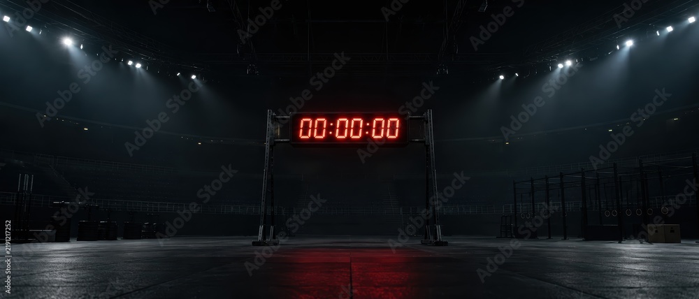 Naklejka premium Functional Fitness Race timer in dark arena stadium panoramic photo