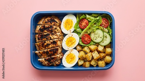 Healthy lunch box containing grilled chicken breast hard boiled eggs fresh salad and roasted chickpeas on pink background