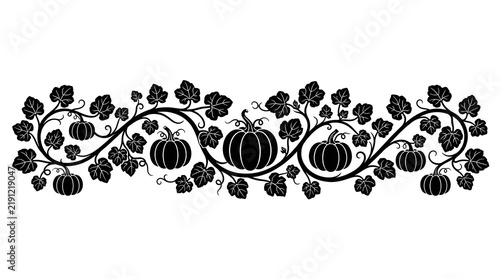 A beautiful black and white thanksgiving banner featuring decorative pumpkin vines and autumn leaves perfect for seasonal holiday invitations greeting cards and festive party design