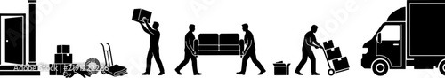 Silhouettes of movers carrying furniture and boxes to a delivery truck for residential relocation and logistics
