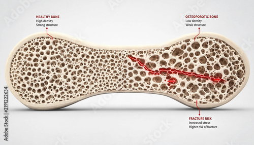 Osteoporosis bone health comparison showing fracture risk in low density weak structure versus high density strong healthy bone