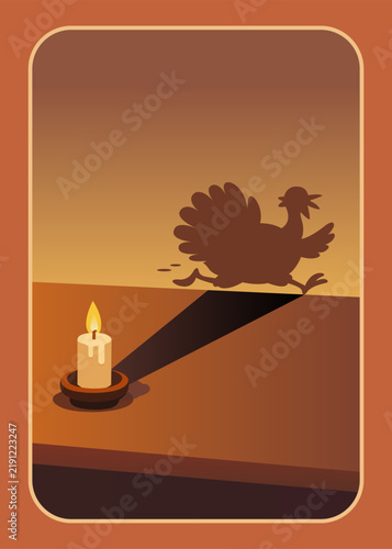 A creative illustration of a lit candle casting a shadow in the shape of a running turkey, perfect for Thanksgiving holiday themes.
