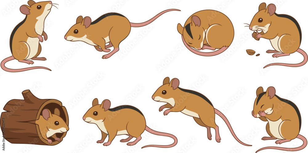 Fototapeta premium Cute Field Mouse Character Vector Set with Running Sleeping Eating and Peeking Activities for Children Books Educational Materials and Wildlife Stickers