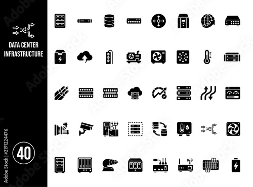 Data Center Infrastructure Icon Collection with Servers, Network Equipment, Cloud Computing, Storage and Digital Systems
