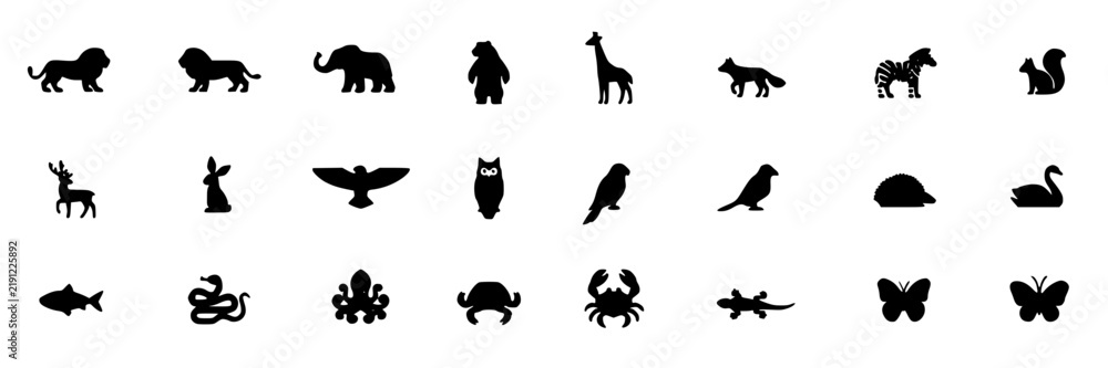 Fototapeta premium Wildlife Silhouette Icons Set, Minimalist Animal Illustrations, Graphic Design Elements, Vector Icons
