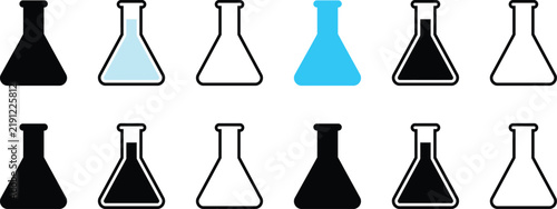 Set of scientific laboratory erlenmeyer flasks in black and white icons with lab flask chemistry equipment science beaker laboratory glassware
