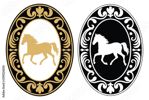 Horse Western Rodeo Emblem Featuring Cowboy Belt Buckle, Ranch Tag, Gold and Silver Silhouettes, and Rustic Country Style Vintage Decorative Badge Vector Design.