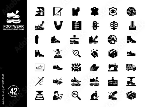 Footwear Manufacturing Icon Collection with Shoe Production, Materials, Machinery, Assembly and Industrial Manufacturing Processes