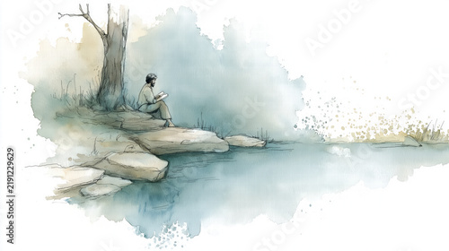 Peaceful watercolor illustration of a psalmist composing a psalm beside a tranquil stream in a serene biblical landscape