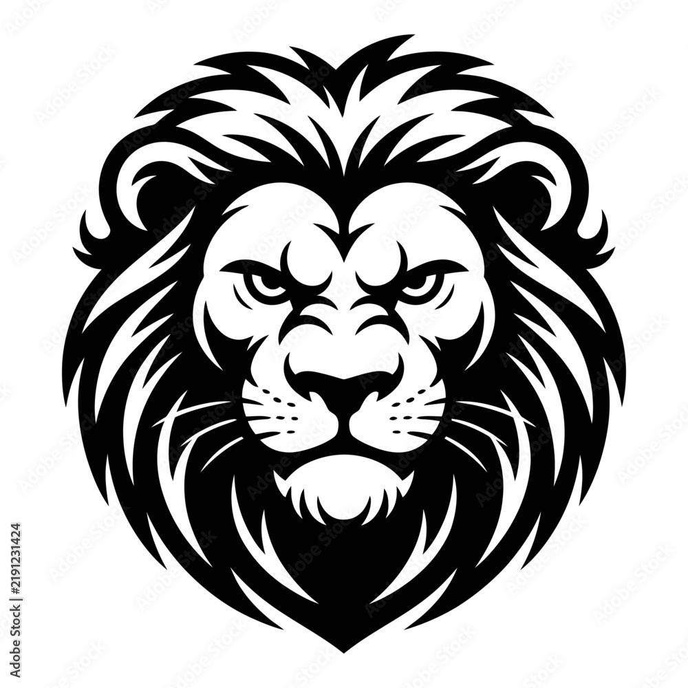 Fototapeta premium Detailed lion head illustration features a striking black and white silhouette