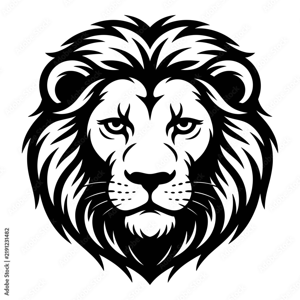 Fototapeta premium Detailed lion head illustration features a striking black and white silhouette