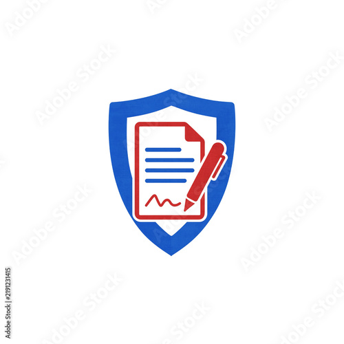 Auto insurance policy document icon featuring signed form, legal paper, pen inside shield vector illustration for business