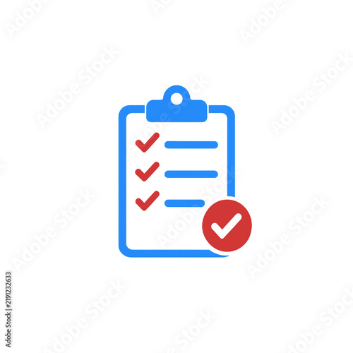 Clipboard checklist icon featuring check marks and completion badge, survey task management vector illustration, approved report graphic