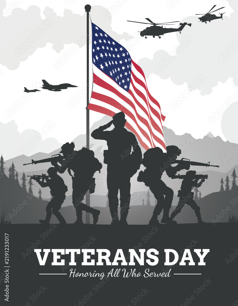 Obraz premium Veteran's day silhouette vector illustration with american flag and soldiers.