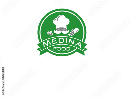 Green circular logo with chef hat and ribbon banner food industry