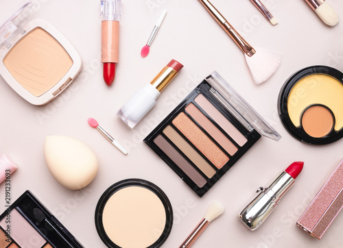 Cosmetics set closeup, makeup items collection, beauty products arrangement.Shadows,lipstick,powders.Nobody.Objects.