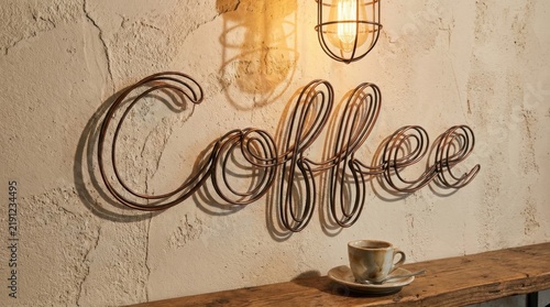 Cursive Wire Sculpture Spelling Coffee on Textured Wall with Coffee Cup