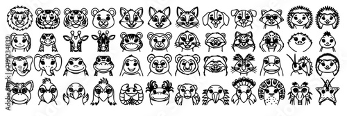 Cartoon Animal Faces Set, Whimsical Character Illustrations, Cute Animal Head Icons, Vector Design Elements