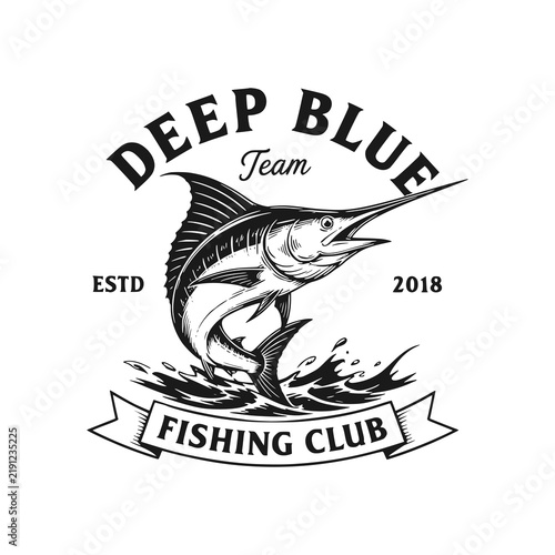 Vintage style marlin fish emblem for deep blue fishing club logo on a white background