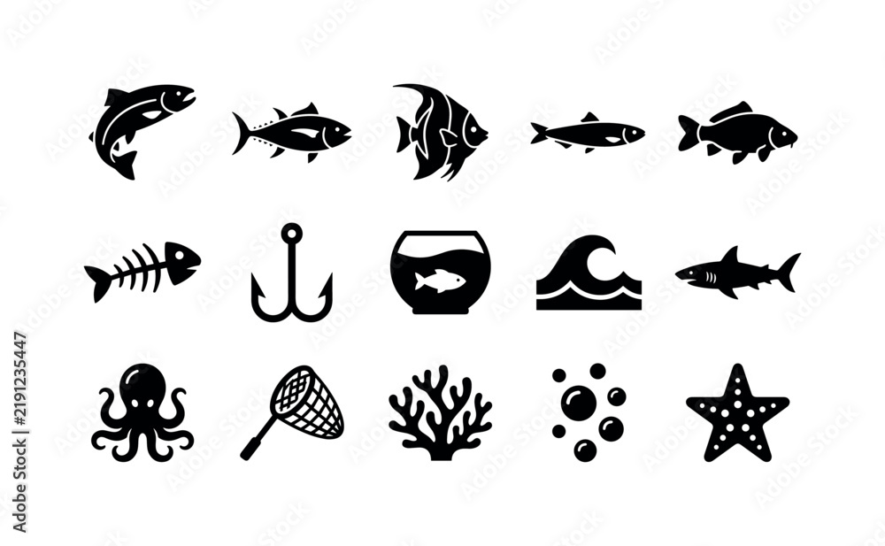 Obraz premium Fish Species Symbols, solid glyph icon set featuring salmon silhouette, tuna silhouette, tropical fish, sardine, carp, fishbone, fishing hook, aquarium bowl and ocean wave symbols, covering fish,