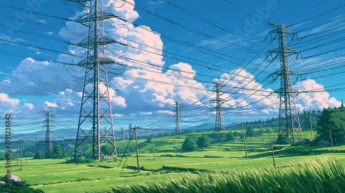 Electric Pylons Over Green Rice Paddies