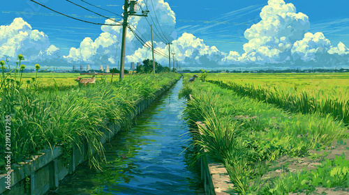 Irrigation Canal Beside Rice Paddies