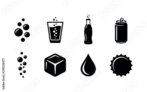 Fizz Bubble Beverage, solid glyph icon set featuring soda bubbles, sparkling water glass, bottle, can, carbonation bubbles, ice cube, droplet, bottle cap, covering carbonated drinks, sparkling water,
