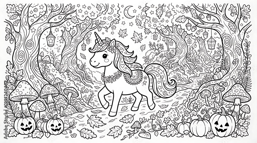 Fototapeta premium Autumn forest coloring page with a cute unicorn, carved pumpkins, mushrooms, falling leaves, acorns, and lanterns hanging from the trees