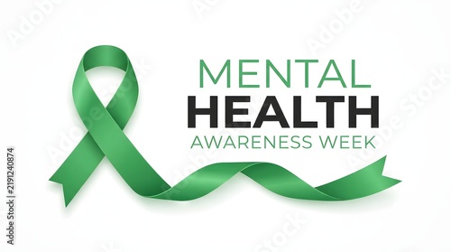 A green awareness ribbon symbol representing support for world mental health day and mental health awareness week campaigns designed to promote psychological wellness and healing