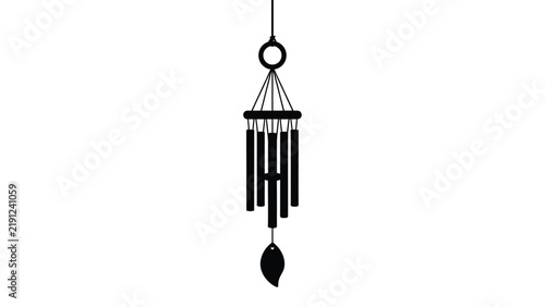 Bild auf Leinwand Wind chime with hanging tubes and teardrop pendant is a black silhouette