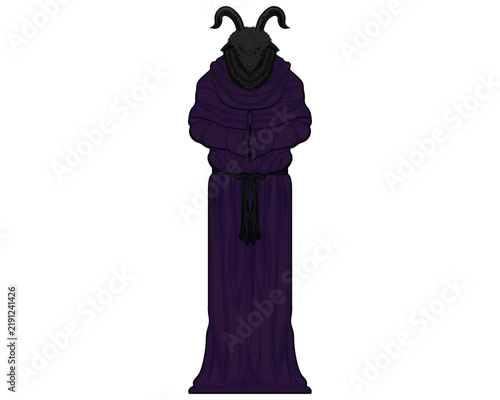 A vector illustration design of a hooded, monk-like figure wearing a long purple robe, with the head of a horned creature resembling a goat or a demon.