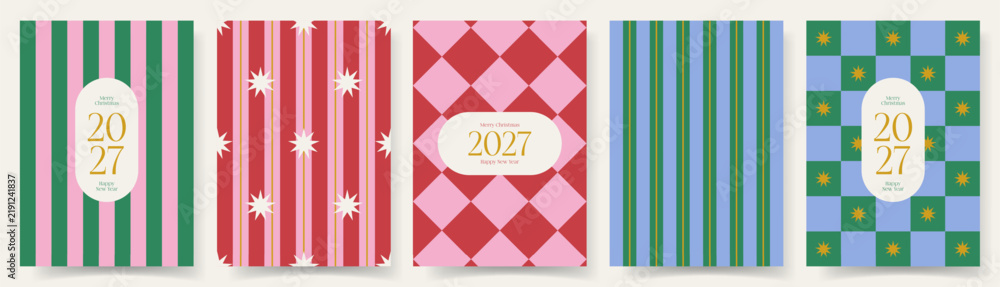 Obraz premium Christmas and New Year Geometric Cover Collection. Vector festive set of geometric covers featuring stripes, diamonds, stars and holiday colors. Ideal for wrapping paper, cards, invitations, branding.