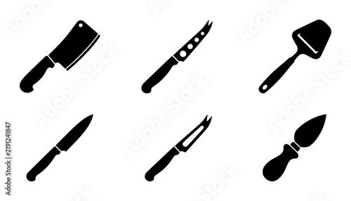 Foto Black kitchen knives and cheese slicer icons, cooking and culinary