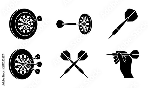 Black dart set icons, bullseye and hand graphic elements, sport and
