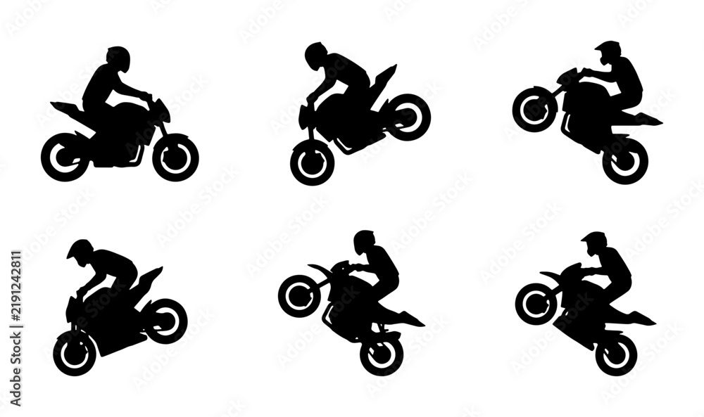 Obraz premium Black motorcycle rider silhouettes, action poses, sports graphics set